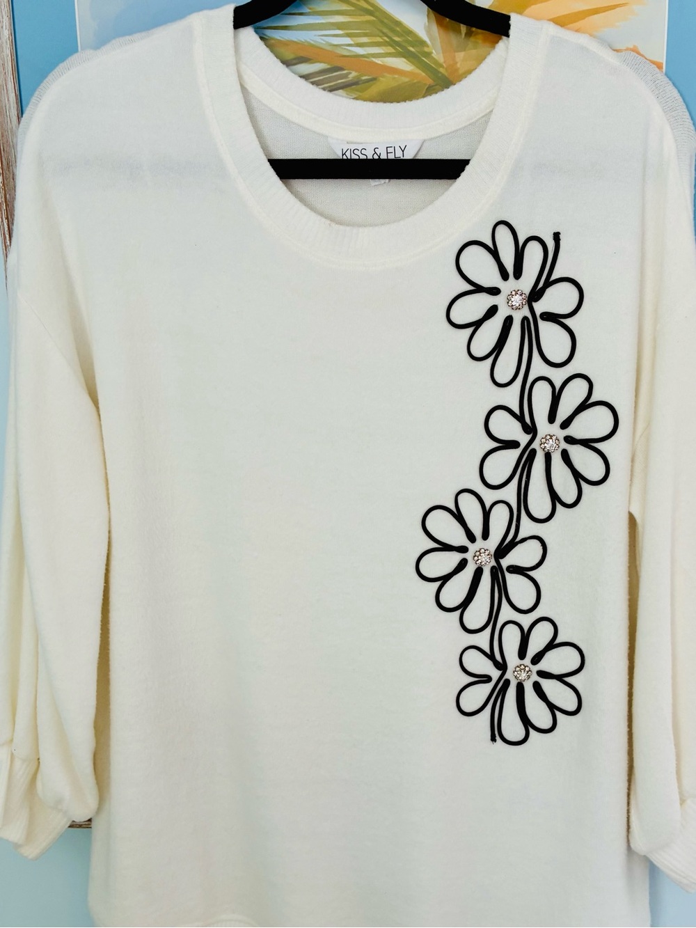 Kiss & Fly white Floral Accent Long Sleeve Top